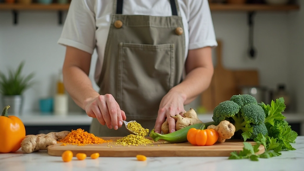 Різноманітні продукти на столі: риба з омега-3, берклі капуста, імбир, куркума в чашці