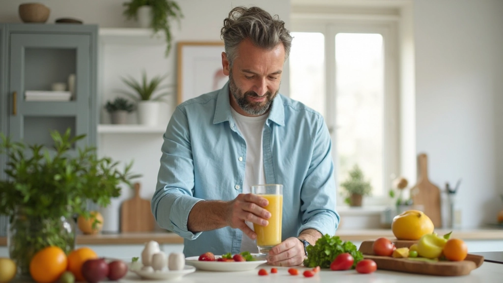 Людина готує здоровий коктейль з природних компонентів: імбиру, куркуми та інших органічних інгредієнтів у сучасній кухні